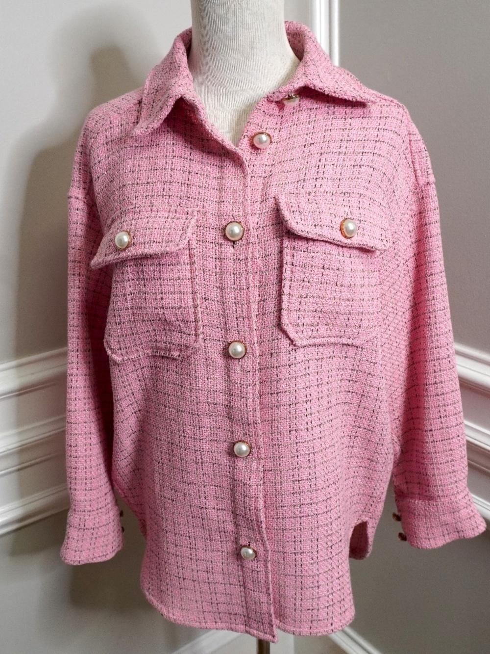 Pearled Button Tweeded Jacket, Size S